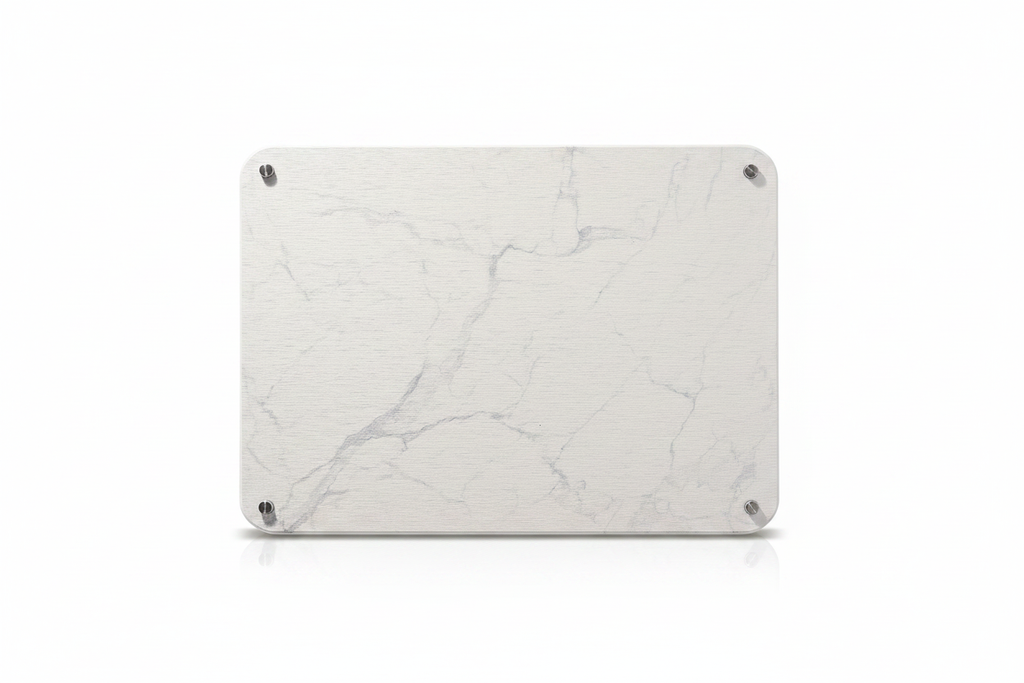 White marble kitchen drying mat with silver corner screws