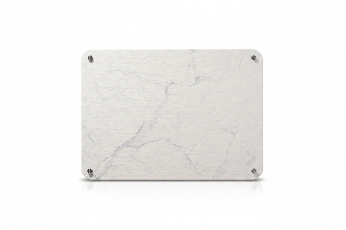 White marble kitchen drying mat with silver corner screws